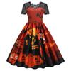 Women Halloween Lace Patchwork Printed Slim Fit Short Sleeve Big Swing Dress
