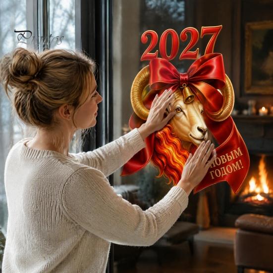 Декоры для окон с четким рисунком, 2027 год Козы, Статичные наклейки на стекло с красным бантом, Китайские влагостойкие наклейки на стену, Новые наклейки на стекло, Многоразовые
