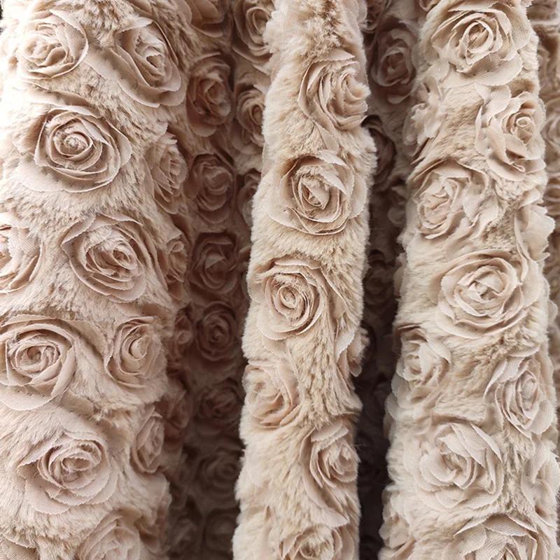 1/2/3 Meter Rabbit Velvet Rose Embroidered Plush Fabric PV Velvet 3D Rose Thick Faux Fur Fabric For DIY Winter Coat Garment