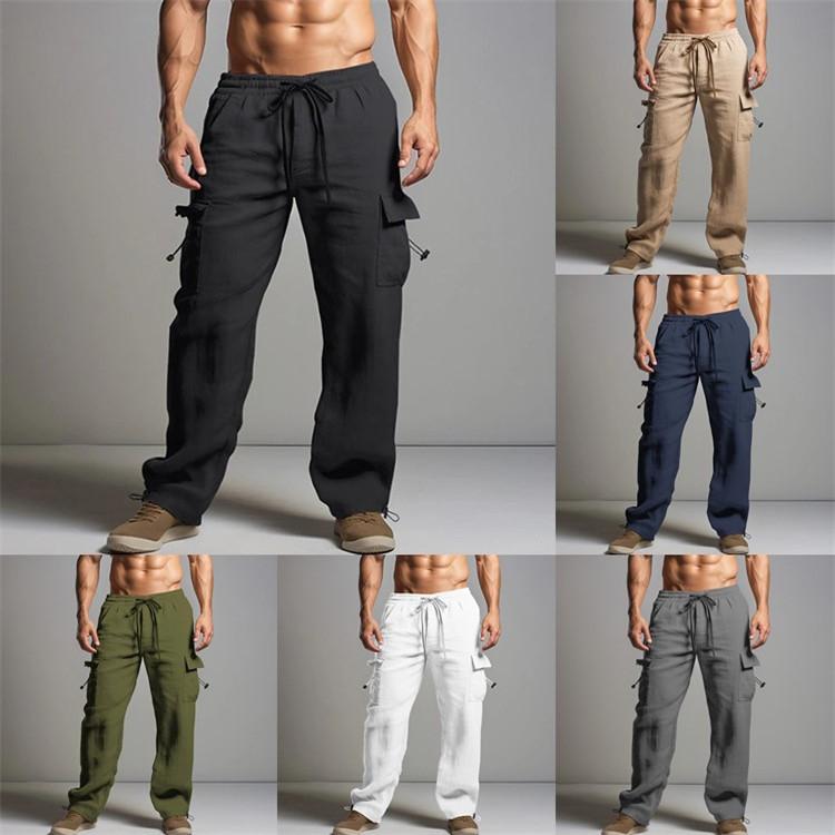 Men's Jogging Trousers Cotton Trousers Summer Beach Trousers Drawstring Elastic Waist Multi-pocket Solid Colour Breathable Casual Work Trousers