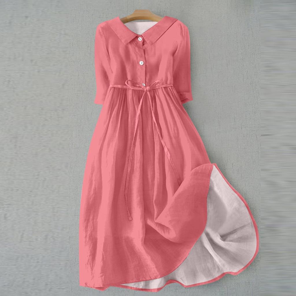 Женская мода повседневное однотонное платье с воротником с лацканами и рукавами 3/4 на бретелях