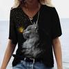 Short Sleeve Women's T-Shirt V Neck Cat Anime Cartoon Print Women's Clothing