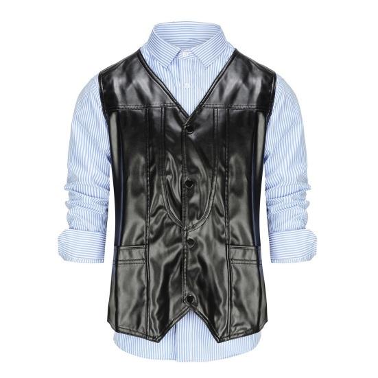 Мужской жилет из искусственной кожи с V-образным вырезом, без рукавов, приталенный однобортный жилет, пальто с карманами, однотонный жилет, верхняя одежда