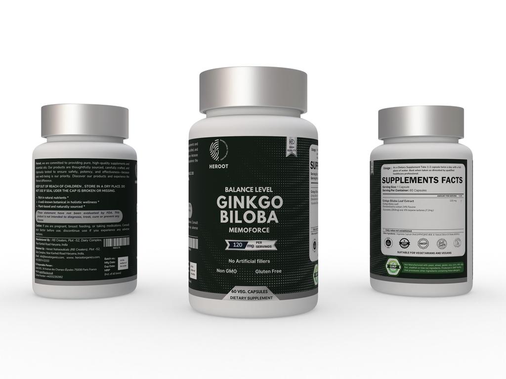 Heroot Ginkgo Biloba Extract 120mg – Herbal Supplement for Memory, Focus & Wellbeing – 60 Veg Capsules