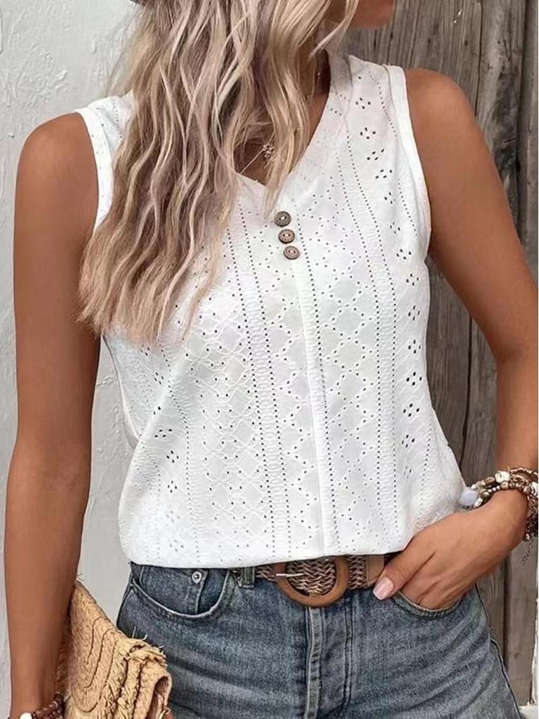 New European and American 2023 Summer Women's Solid Color Casual Round Neck Buttoned Vest T-shirt.