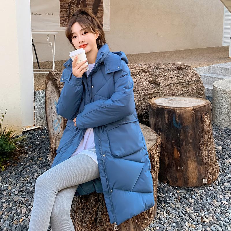 Женская осенне-зимняя однотонная свободная повседневная парка средней длины с капюшоном из ромбической решетки, пальто, куртки и верхняя одежда