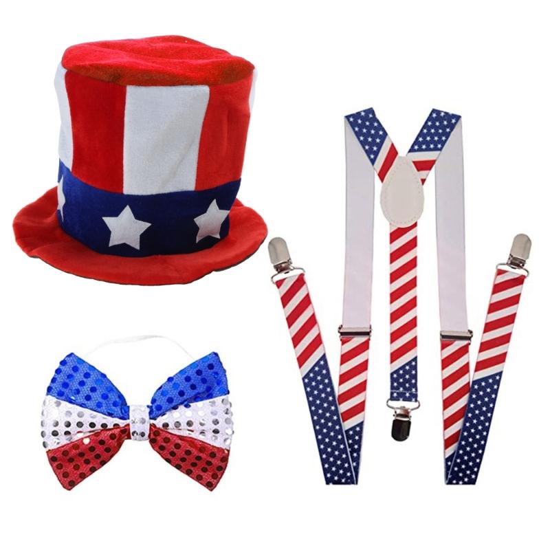 Independance Day Costume Uncle-Sam Accessories Top Hat Sequins Hat Headband Necklaces Stockings for Women & Men