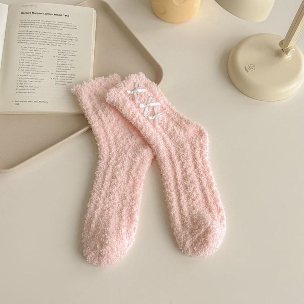 Coral Fleece Middle Tube Socks Bowknot Floor Socks Cute Women's Socks Autumn