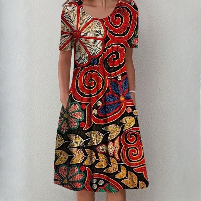 Женская мода лето весна однотонный принт с коротким рукавом и круглым вырезом с высокой талией повседневные платья