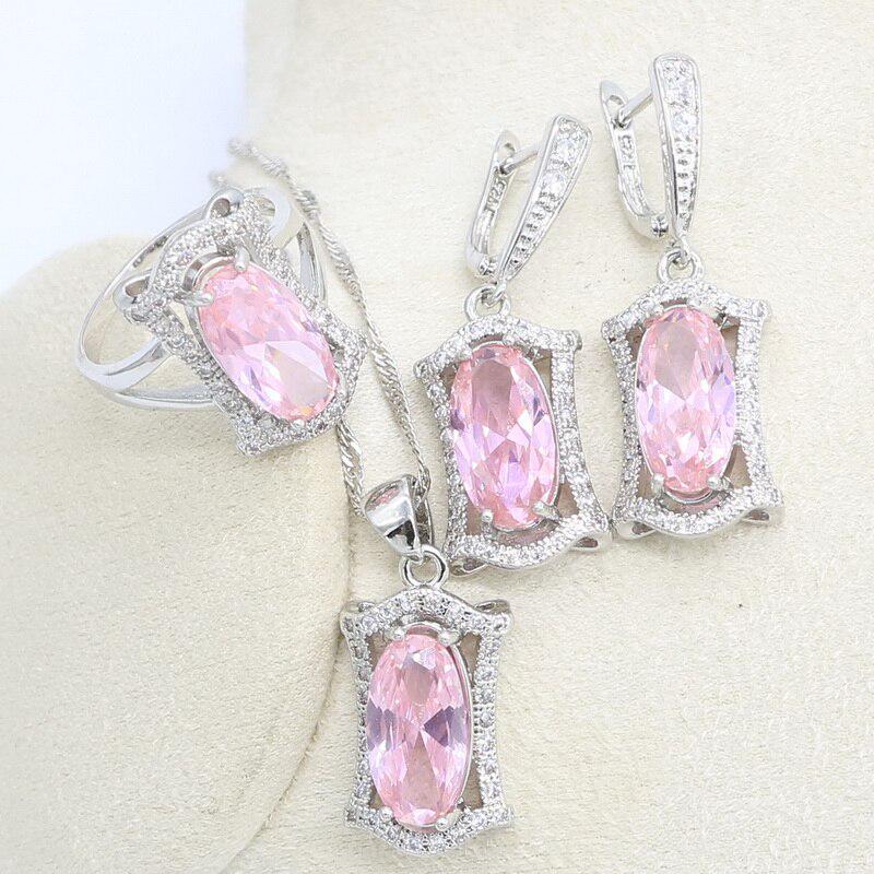 WPAITKYS Свадебные комплекты украшений для женщин, серьги розового и серебряного цвета с цирконием, кольцо, ожерелье, браслет