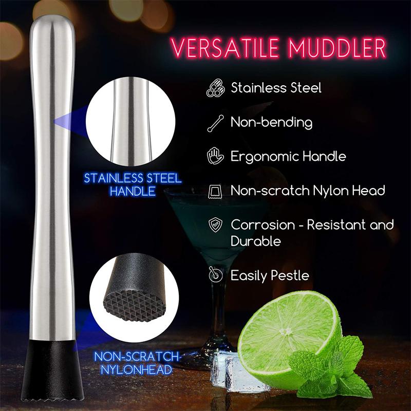 2Pcs Muddler for Cocktails Stainless Steel Cocktails Muddlers Pestle with Stirring Spoon Bartender Cocktail Shaker Bar Tool Set