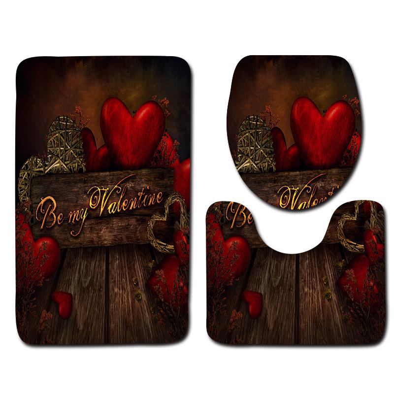 Beautiful And Romantic Valentine'S Day Bathroom Toilet Floor Mat 3-Piece Set