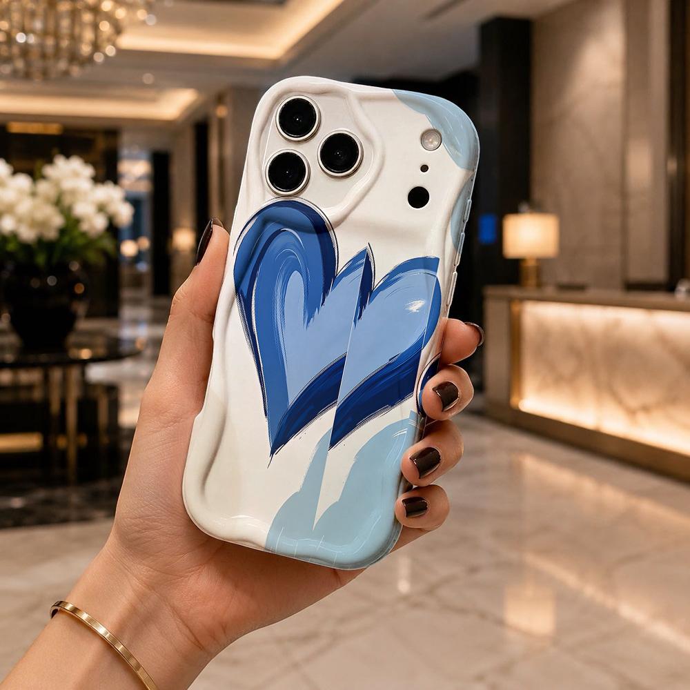 Чехол-скетч с градиентом синего сердца для iPhone 17 16 15 14 13 12 11 Pro Max Plus Художественный чехол с волнистым краем