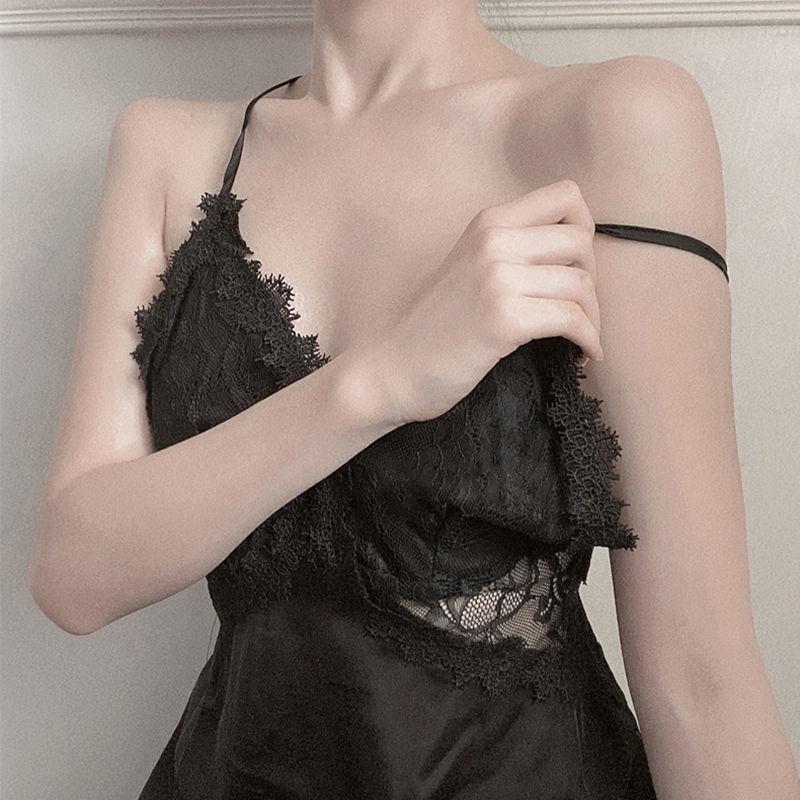 Korean Style Ice Silk Lace Backless Nightdress - Summer Sleepwear Short Skirt for Small Chest