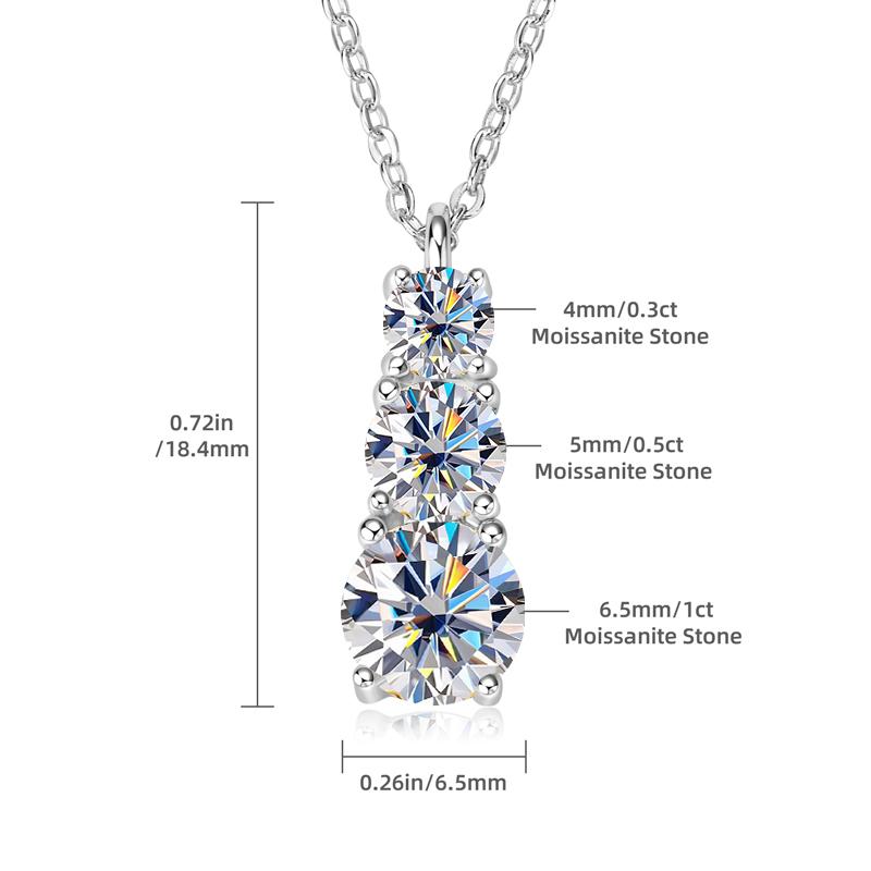 925 Silver D1.85CT Moissanite Necklace Certified Gradual Three Stone Pendant Collar Wedding Anniversary Jewelry Gift for Women