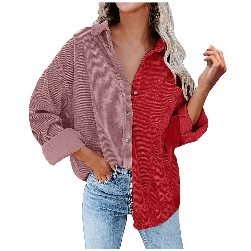 Женская осенне-зимняя свободная вельветовая куртка-рубашка с длинными рукавами и цветными блоками