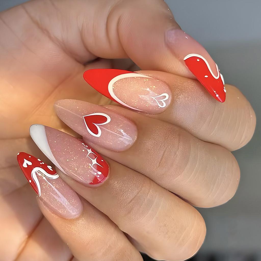 24 шт. накладных ногтей на День святого Валентина, длинные, миндалевидные, с полным покрытием, искусственные ногти, глянцевые, с сердечным дизайном