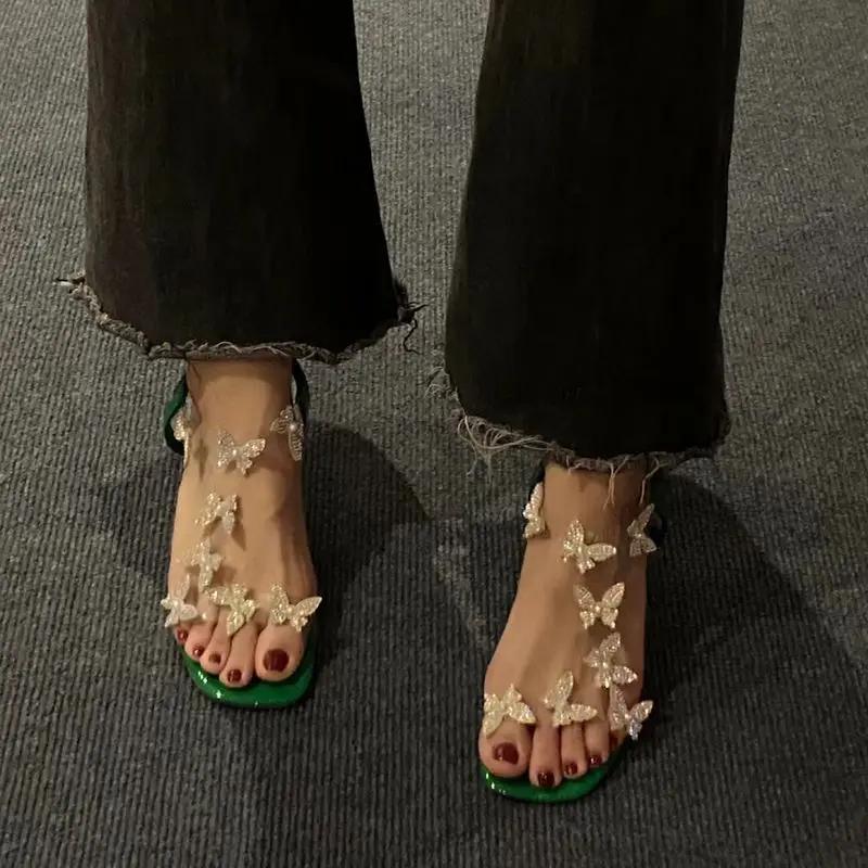 Модные квадратные каблуки, лето 2024, босоножки с открытым носком для женщин, зеленые женские туфли, черная обувь, шикарная и элегантная, оптовая продажа, лучшее