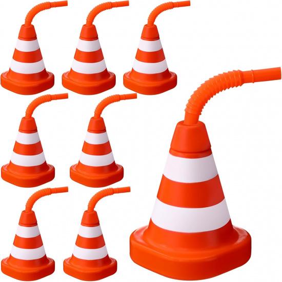 Sawysine 8 Pack Construction Cone Cups with Straws Bulk, Traffic Cones Party Favor 10 oz Plastic Reusable Kids Race Cups Set for Construction Traffic