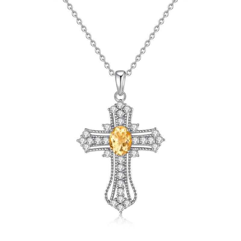 S925 pure silver all diamond cross necklace for women, silver inlaid with natural color treasure, fashionable and versatile gift