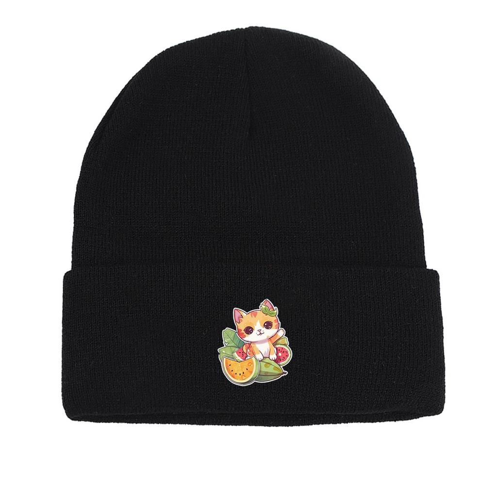 Cat Fruit Print Knit Cap Beanie, Skullies Beanies Winter Stretchy Sporting Bonnet Knitted Hat Beanie