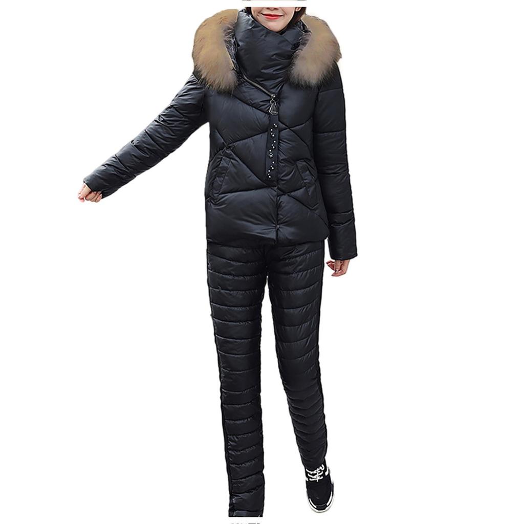Women's Winter Warm Casual Loose Fur Collar Jacket + Loose Pants Two Piece Set