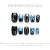 100% HANDMADE Press On Artificial Nail Short Coffin Shape Summer Starry Sky Light Blue Crystal Cat Eye Horror Cat Phototherapy Nails Fake Nail