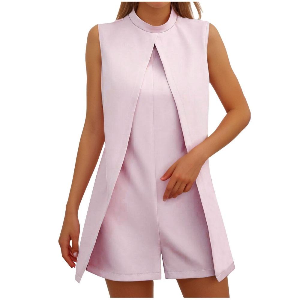 Женский круглый вырез модный однотонный короткий комбинезон без рукавов