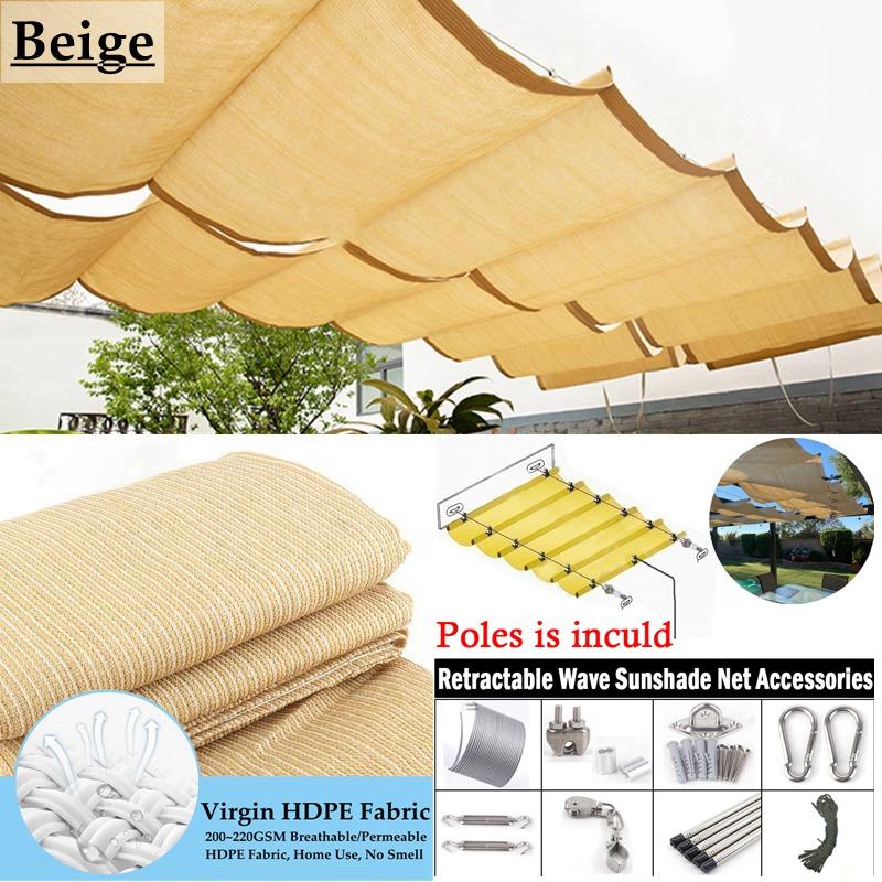 Степень затенения 95% Утолщенная Анти-УФ Бежевая HDPE Телескопическая Волнистая Затеняющая Сетка Навес для Беседки Перголы Бассейна Раздвижной Навес