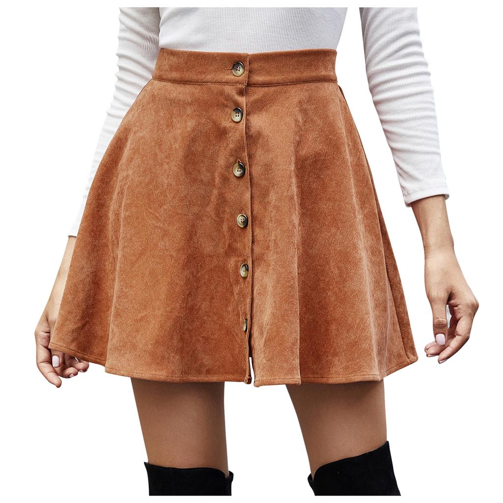Women Lady  Solid Color High Waist Corduroy A-line Skirt   Skirt