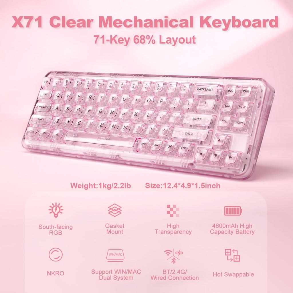 Механическая игровая клавиатура YUNZII X71 с прозрачной 71 RGB для сертификации по техническим стандартам, колпачки Ice Keycaps, клавиши, 68% раскладка, беспроводная,