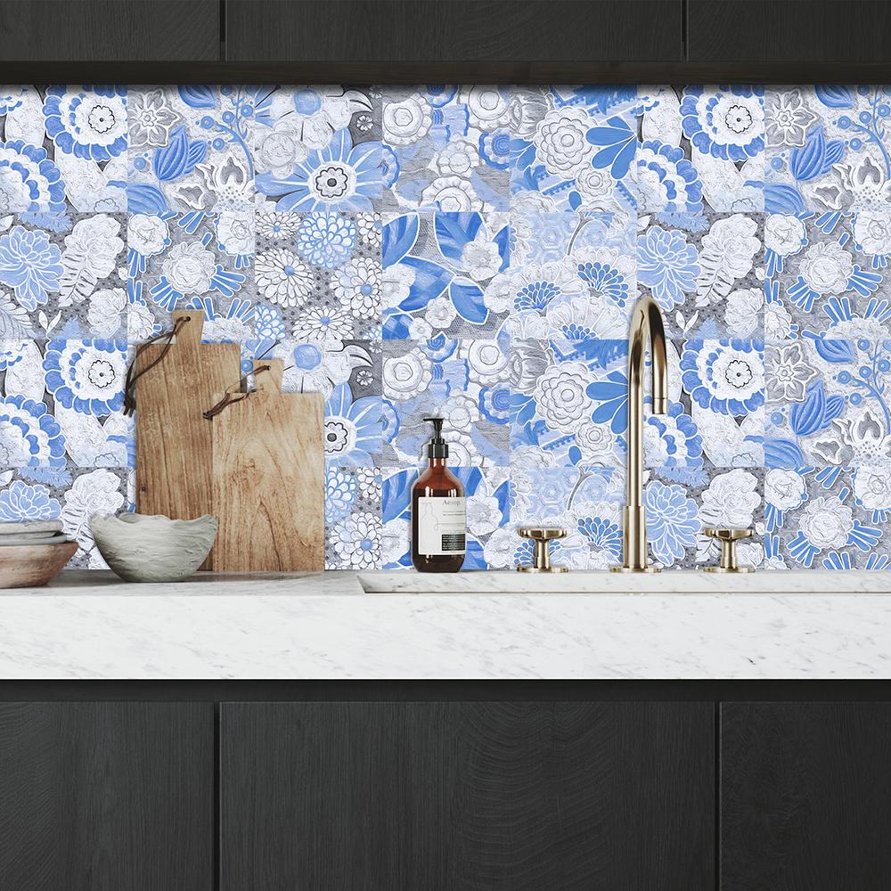 10pcs Bohemian Blue Tiles Wall Sticker Kitchen Backsplash Wardrobe Bathroom Renovation Peel & Stick Waterproof Art Wall Decals