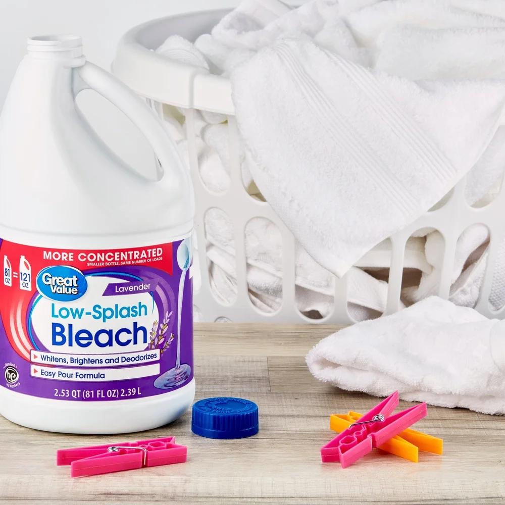 Отбеливатель с лавандой с низким разбрызгиванием, многофункциональное чистящее средство, дезодоратор, пятновыводитель для стирки, безопасен для стиральных машин HE, удобный налив, 81 унция, 3 штуки