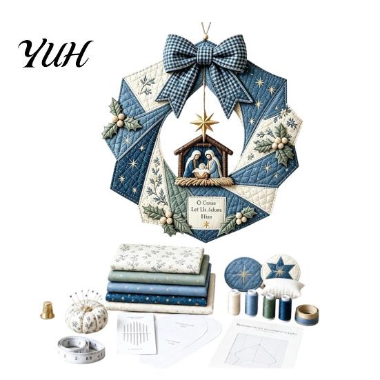 Creative Handmade Wreath Set Christmas Fabric DIY Kit, Patchwork Beginner-Friendly Holiday Craft Decorative Kit Decoration for Front Door, Wall Decor,