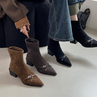 Корейская версия ретро квадратный носок тонкий каблук короткие ботинки для женщин 2025 осень и зима новые универсальные и тонкие эластичные тонкие ботинки модные ботинки для