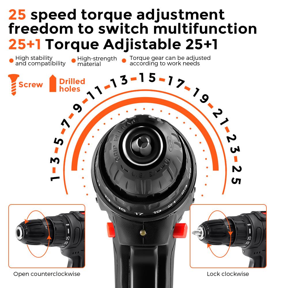 Электрические шуруповерты POWTOOLS - 21В - 1 аккумулятор Литиевый + 28 аксессуаров + Зарядное устройство