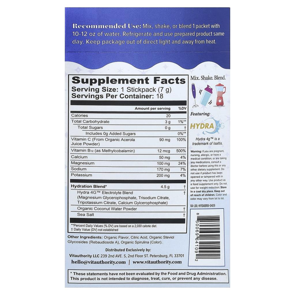 Vitauthority, Active, Hydration+, Blue Raspberry Breeze, 18 Sticks, 7g (0.24oz) per Stick