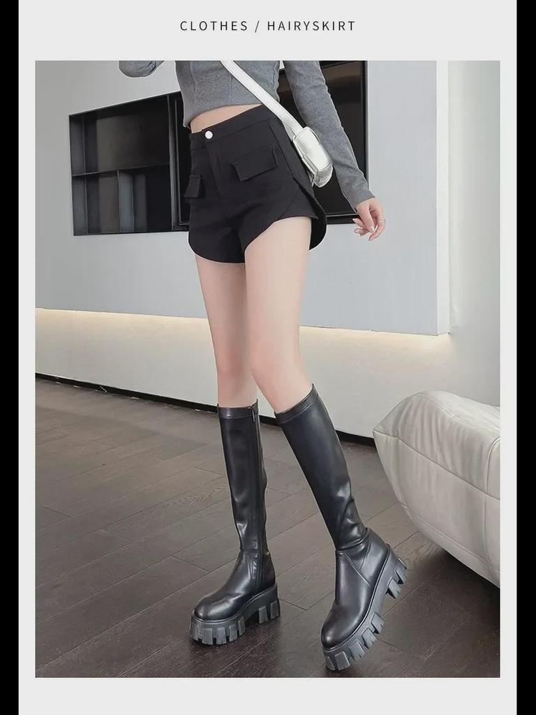 New High-Waist Wide-Leg A-Line Shorts for Petites - Casual, Black, All-Season.