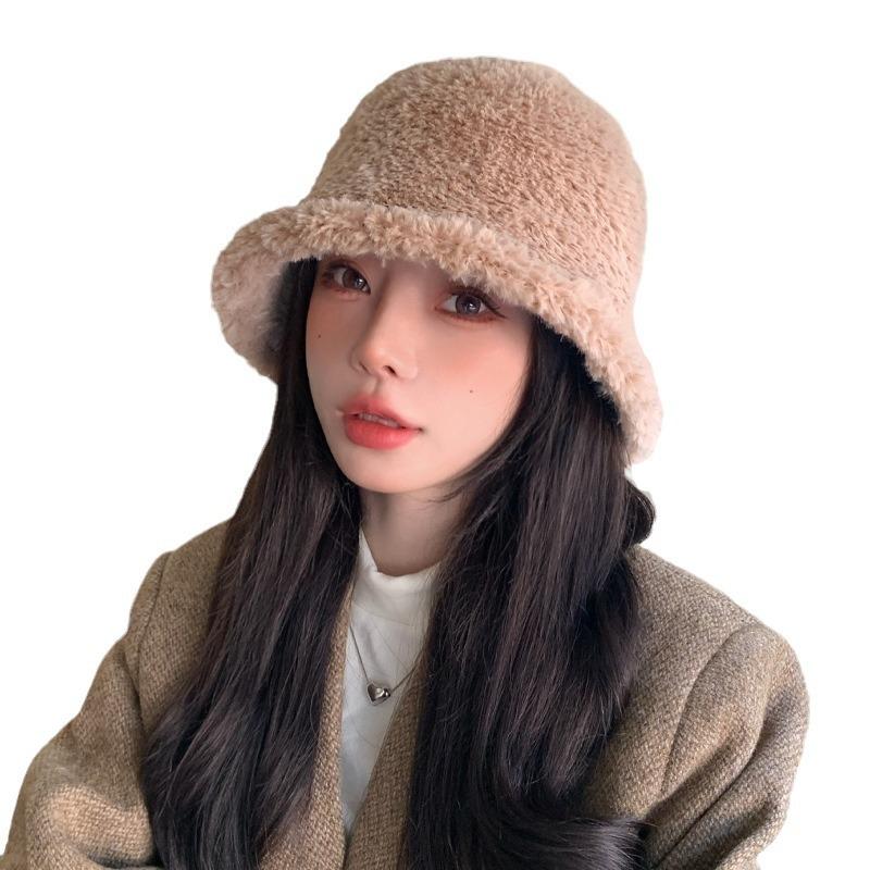 New Fuzzy Niche Bucket Hat Women'S Winter Outdoor Travel Warm Solid Color Basin Hat Tide