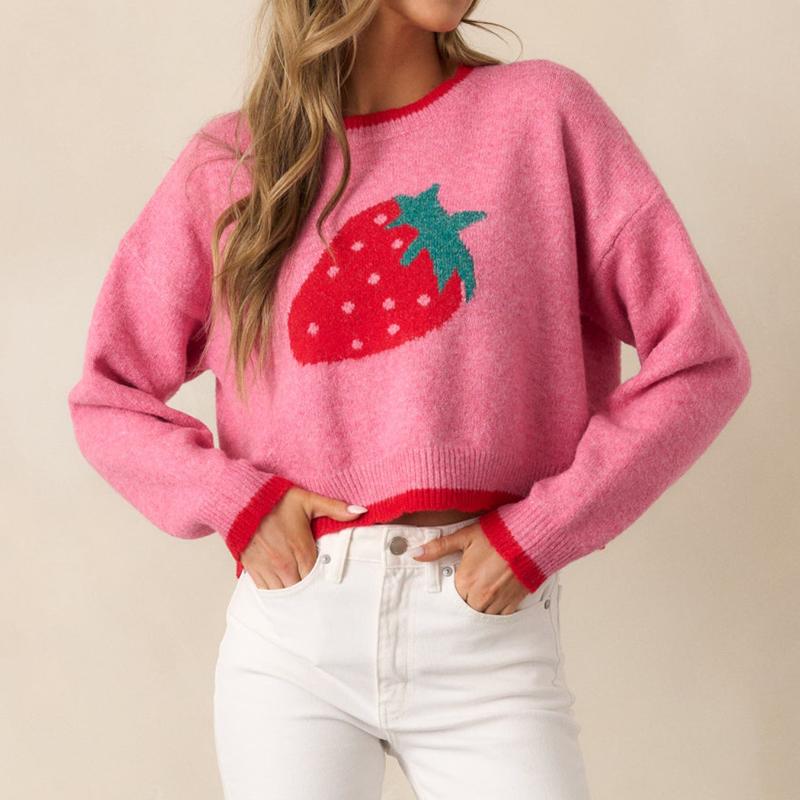Strawberry Jacquard Autumn New Women's Pullover Sweater Casual Short Long-sleeved Top