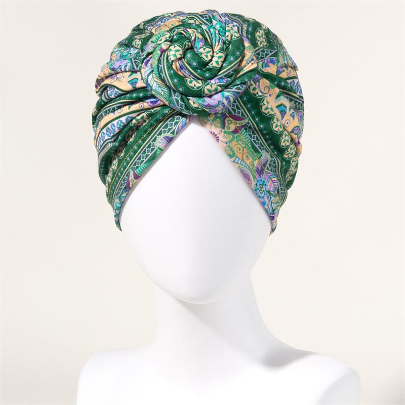 New African Print Pleated Turban Floral Beanie Pre Tied Front Knot Elastic Head Wrap Elegant Women Chemo Cap Bandana Headwear