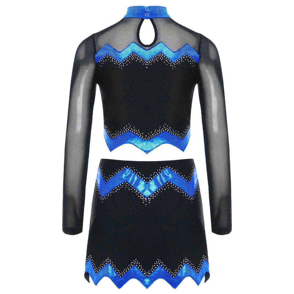 Girls Cheerleader Uniform Long Sleeve Crop Top Hollow Out Design Rhinestone Details Matching Dance Skirt Outfit
