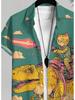 Men's Casual Short - Sleeve Shirt, Dinosaur & Cat Pattern Printed, Polyester Material, Mixed Color, Multiple Specifications Available, Fashionable for
