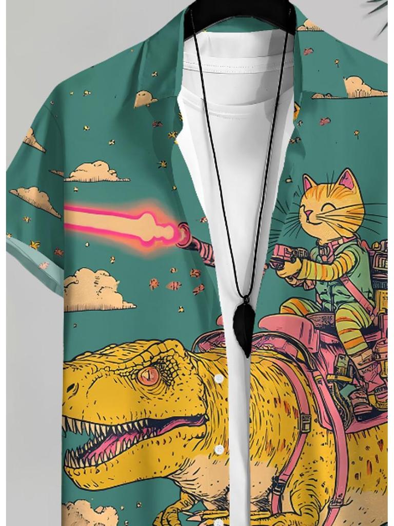 Men's Casual Short - Sleeve Shirt, Dinosaur & Cat Pattern Printed, Polyester Material, Mixed Color, Multiple Specifications Available, Fashionable for