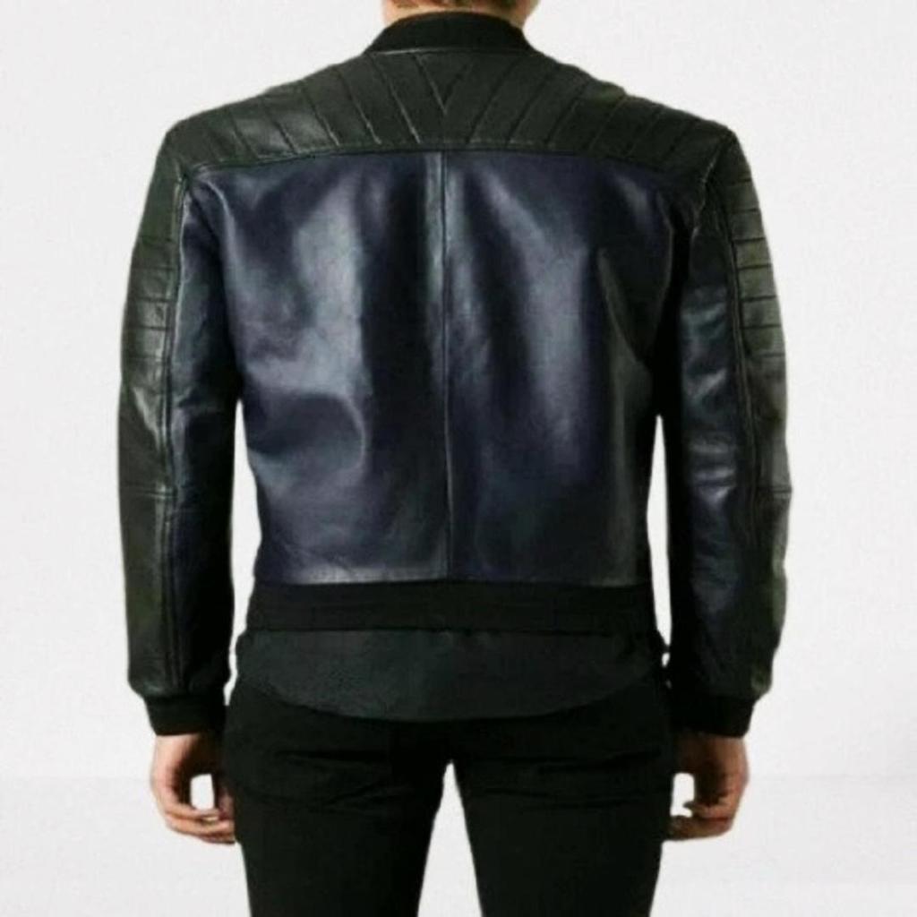 Кожаный бомбер для мужчин | Стильная темно-синяя кожаная куртка-бомбер | Двухцветная кожаная куртка с застежкой на кнопки | Жакет в рубчик с манжетами
