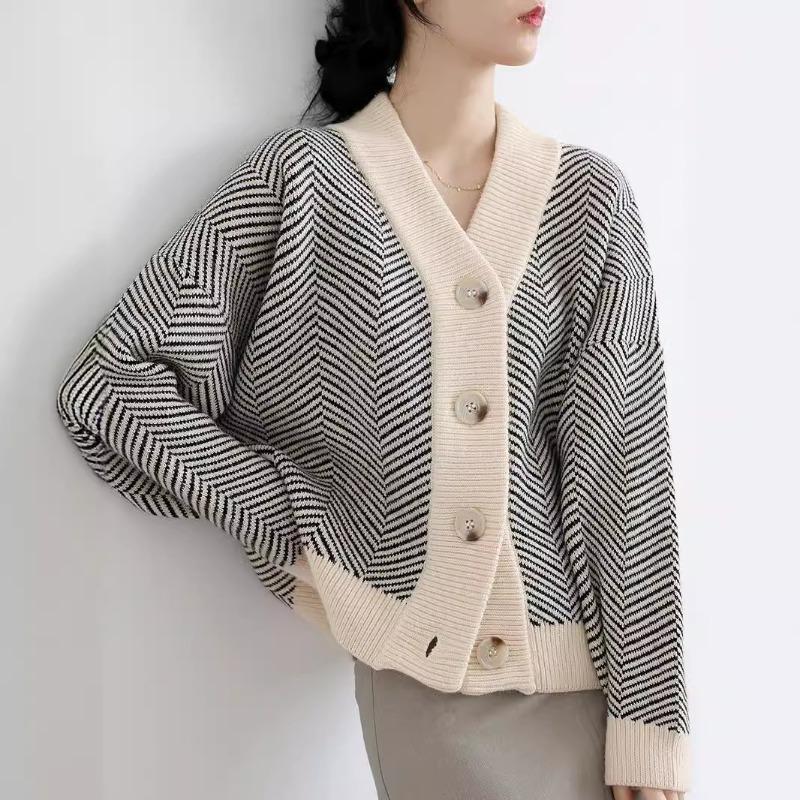 Retro Autumn and Winter Knitted Plus Size Cardigan Women Striped Lazy Wind V-neck Loose Jacket Thickened Sweater