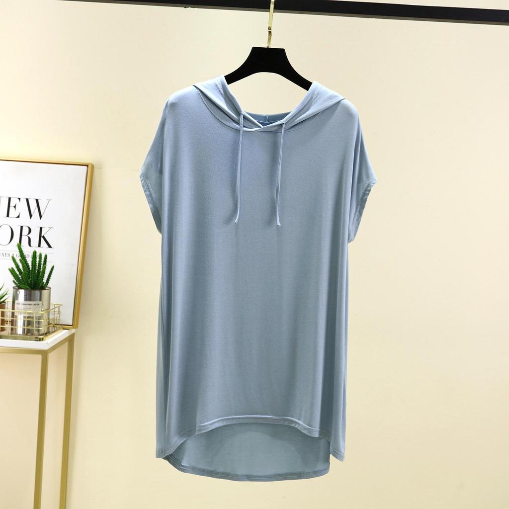 Женская футболка с капюшоном из модала с коротким рукавом для защиты от солнца - Весна/Лето, Большой размер, Слим-фит, Повседневный свободный крой