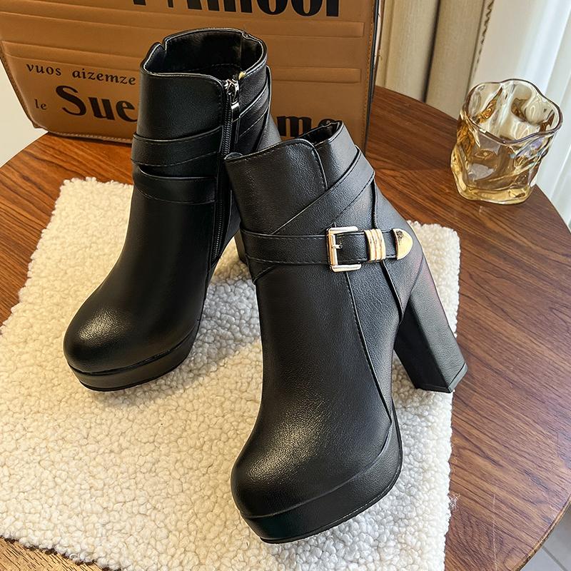 Fashion High Heels Women Ankle Boots Side Zip Fall Winter Platform Ladies Boots Large Size Fashion Shoes Black Beige Buckle Short Botas