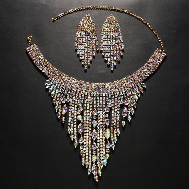 Rhinestone Necklace Set Female, European and American Sexy Exaggerated Necklace Tassel Earrings Jewelry Set