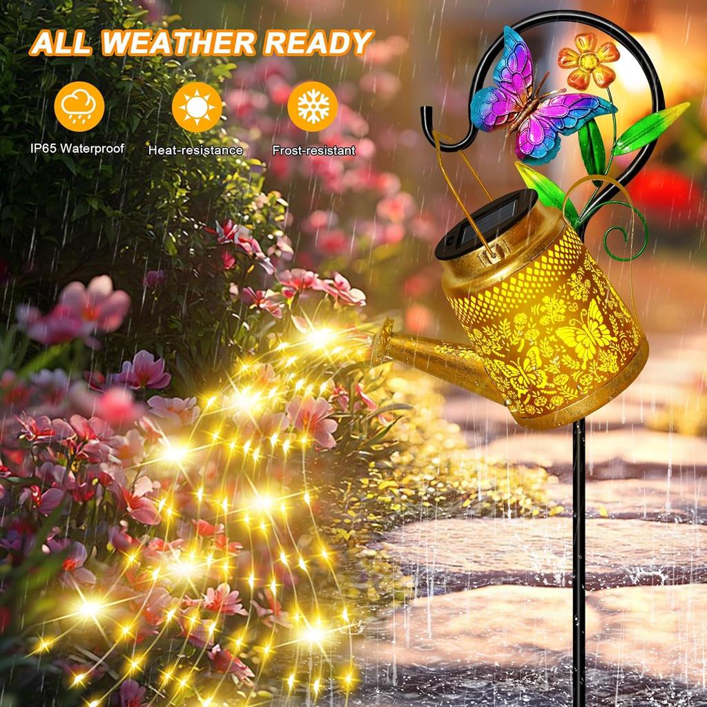Solar Watering Can Lights Outdoor Garden Decor, Large Butterfly Hanging Lantern with Shepherd Hook, Waterproof Garden Lights for Outdoor Landscape